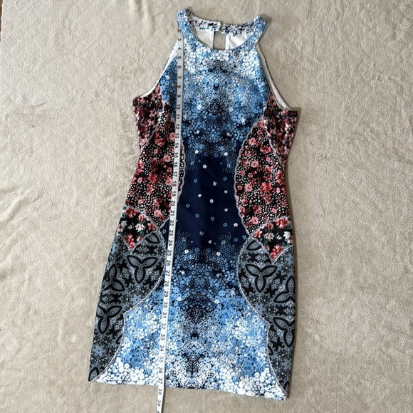 Guess Los Angeles Floral Panel Bodycon Halter Dress Blue Pink Black Sz 14 Party - Picture 2 of 8